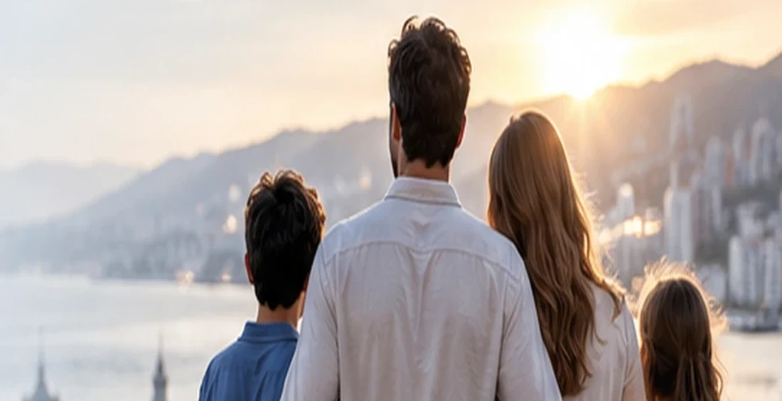 Deniz kıyısında gün batımını izleyen dört kişilik aile; temsili fotoğraf